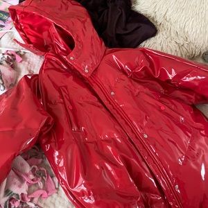 Iconic cherry red patent puffer